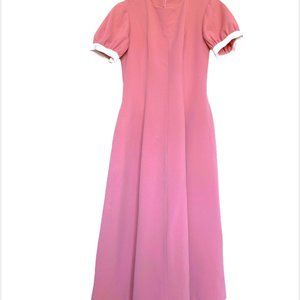 Vintage Medium Pink Puff Short Sleeve Long Basic Shift Midi Plaid Dress Casual